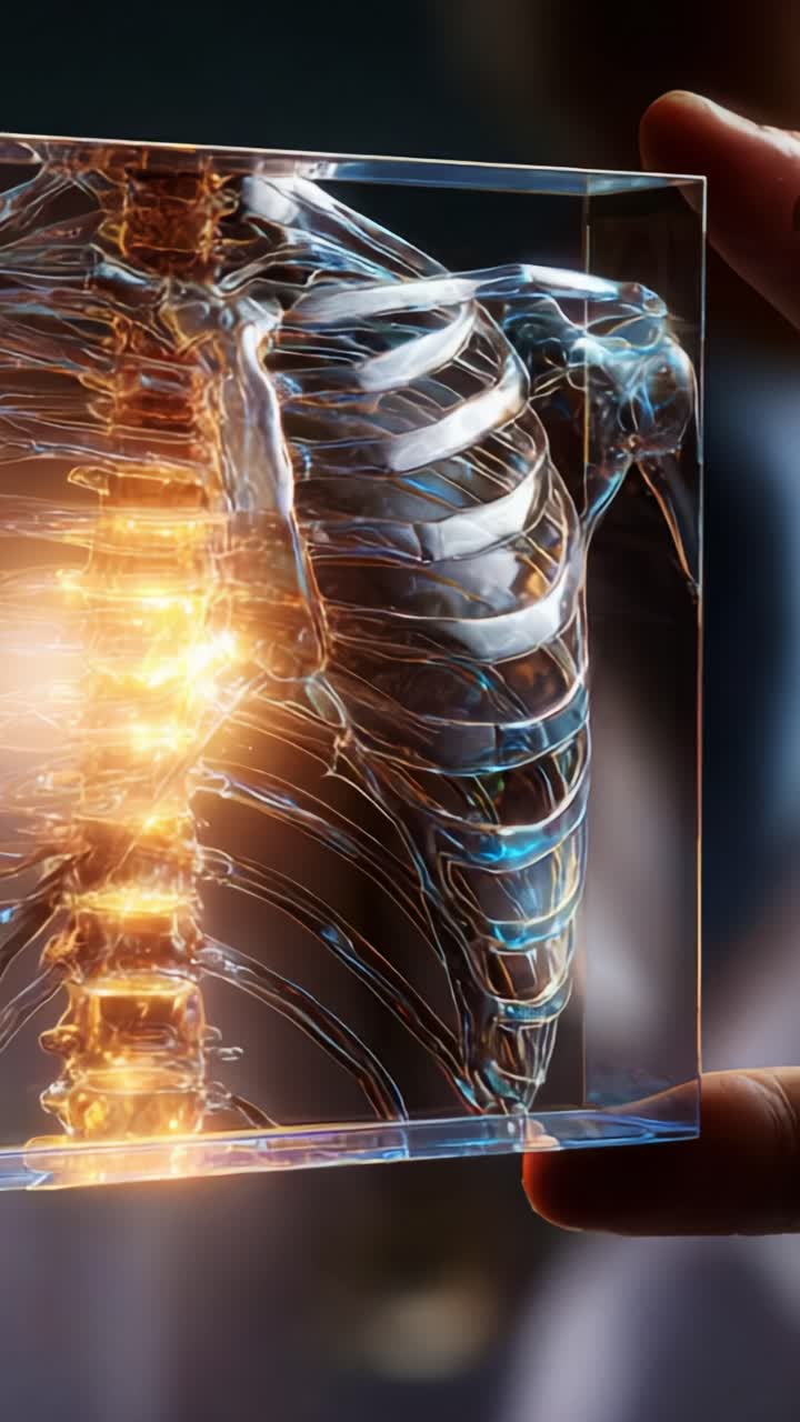 A Detailed Look at a Transparent Human Shoulder and Spine Model Showcasing Anatomical Structures and Luminescent Elements in a Medical Context