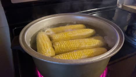 Maíz-Dulce-Entero-Cocinado-En-Una-Olla-Con-Agua-Hirviendo-En-La-Cocina