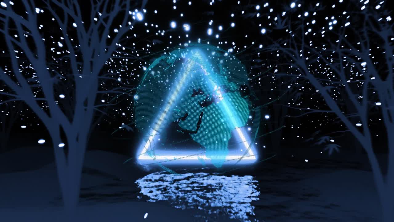 밤에 나무 속의 불빛으로 비춰진 지구와 길 위의 반 ⁇ 이는 삼각형 윤 ⁇