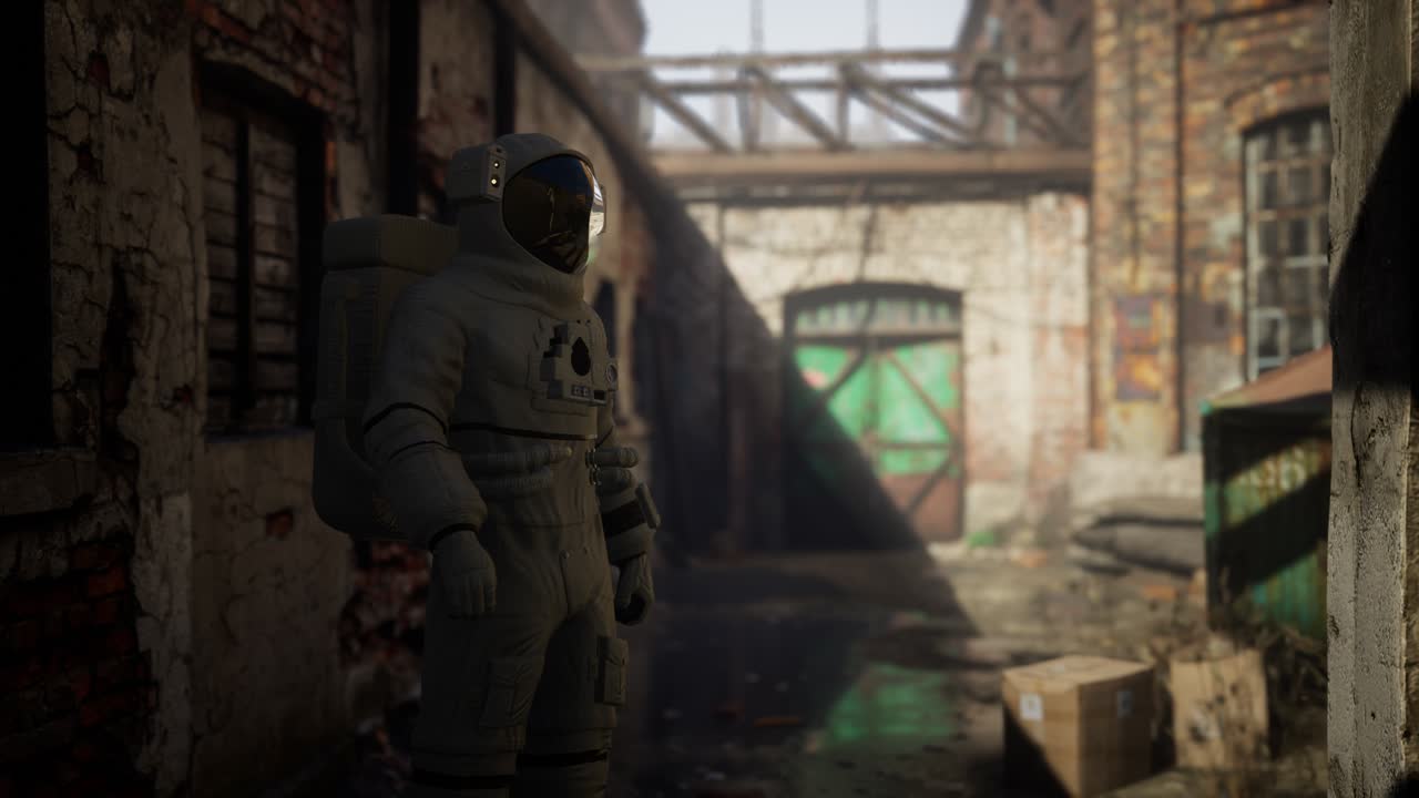 astronauta perdido cerca de edificios industriales abandonados de la vieja fábrica