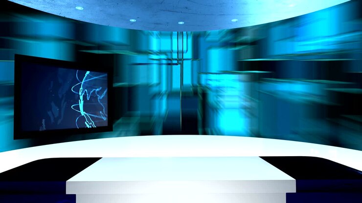 Virtuelt studie med et bord og to tv-skærme. Virtuelt tv-studie er designet til at blive brugt som virtuel baggrund i en green screen- eller chroma key-videoproduktion. Sømløs looping.