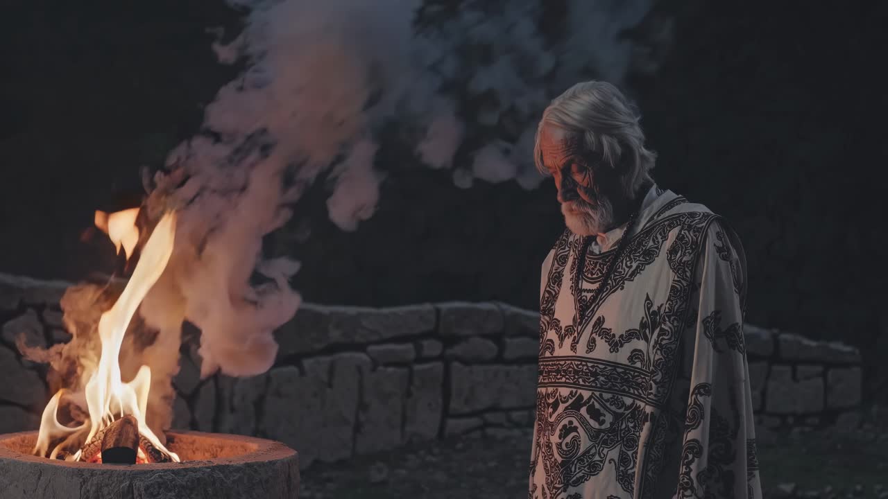 Elderly shaman with long white hair and beard, wearing a traditional robe, is performing a sacred fire ritual at night, creating a mystical atmosphere with the smoke and flames