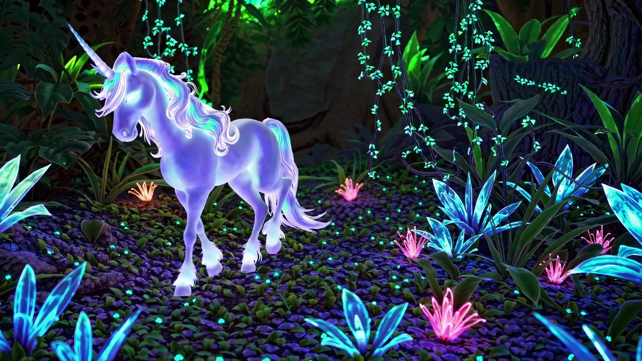 Glowing Magical Unicorn Walking in Enchanted Bioluminescent Forest