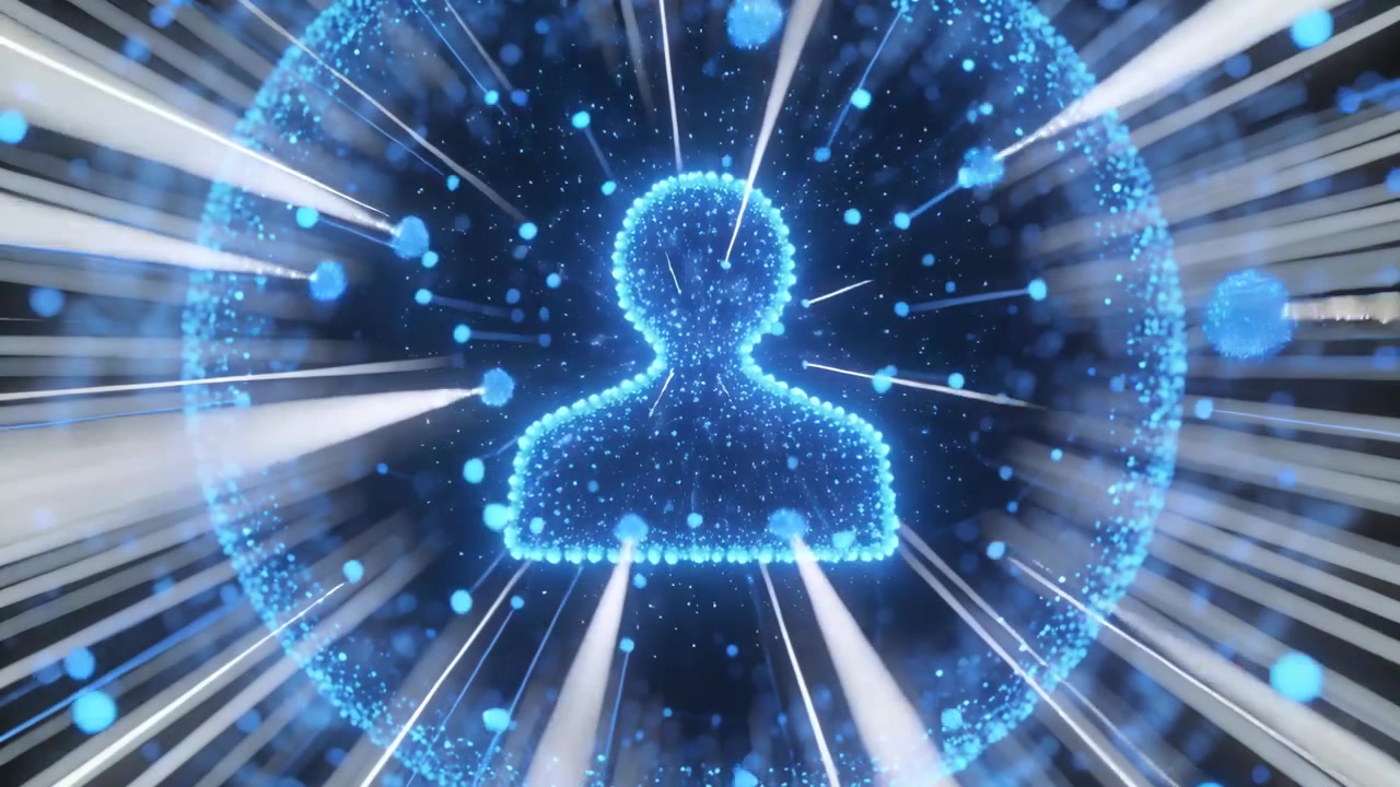 Avatar di particelle blu che si forma e si densifica all'interno di una sfera trasparente dopo un ping, con raggi radiali pulsanti.