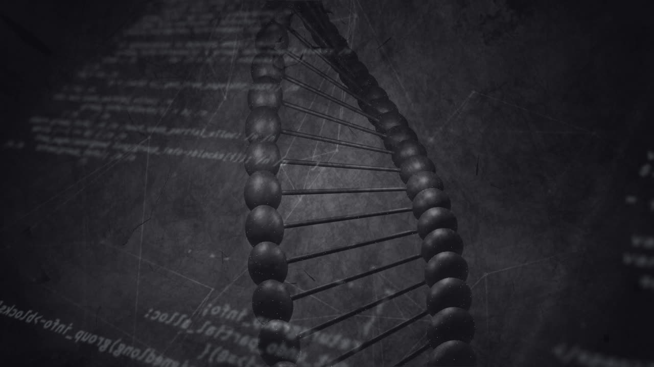 procesamiento de datos sobre la estructura del adn girando y red de conexiones contra un fondo gris