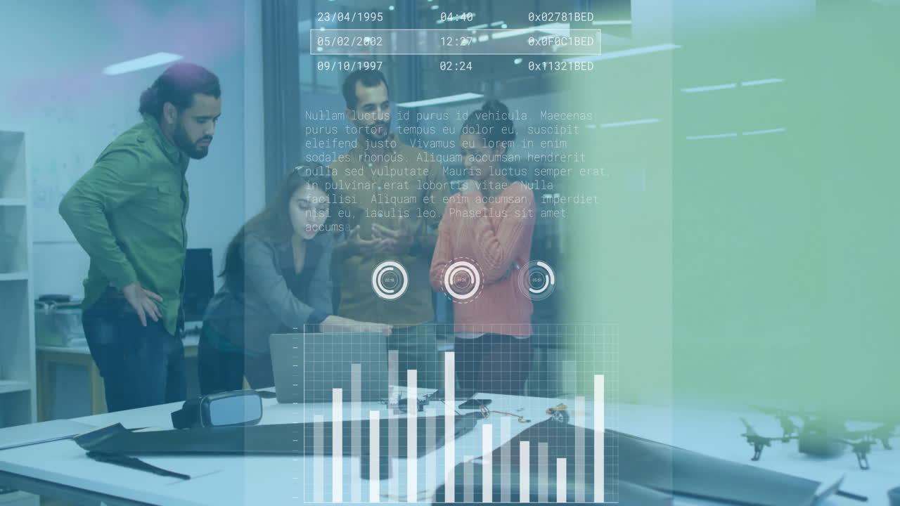 Collaborating on animation, business team analyzing digital data in modern office