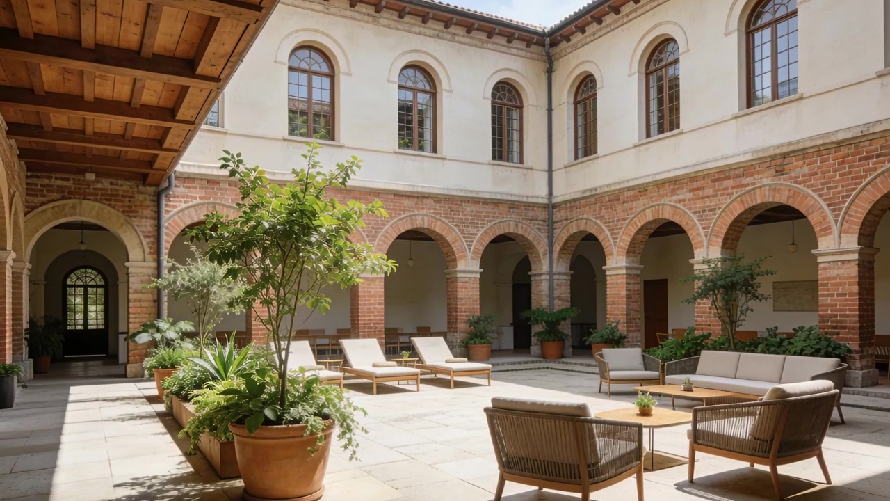Telecamera che avanza attraverso il cortile del chiostro, mettendo in evidenza una fioriera e un'area lounge tra gli archi.