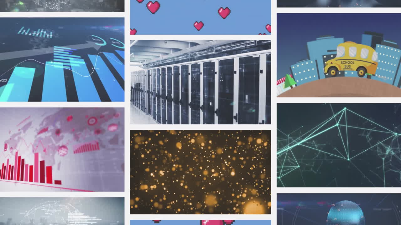 Grid of various animations including hearts, data processing, server racks, and cityscape