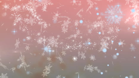 digital animation of snowflakes falling against spot of light on pink background