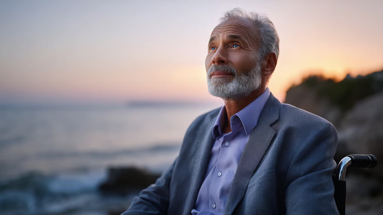 An elderly man in a suit sits by the serene seaside at sunset, reflecting on life with a peaceful expression, capturing a moment of tranquility and contemplation