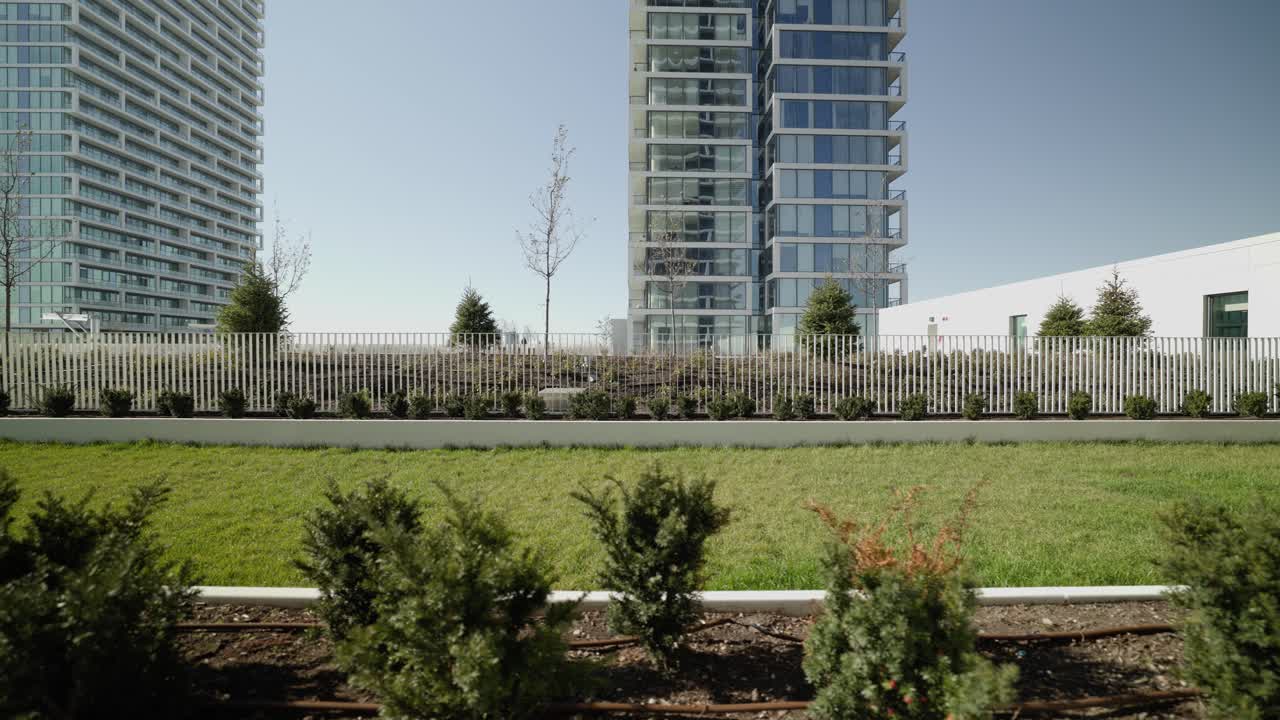 Rooftop garden terrace with green roof landscaping and low lying shrubs in a planter apartment buildings in the background