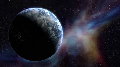epic cinematic motion graphic of earth’s sunrise from orbit, showcasing a glowing blue atmosphere, dramatic lighting, twinkling stars, and vibrant colorful nebula clouds in the vast deep cosmos