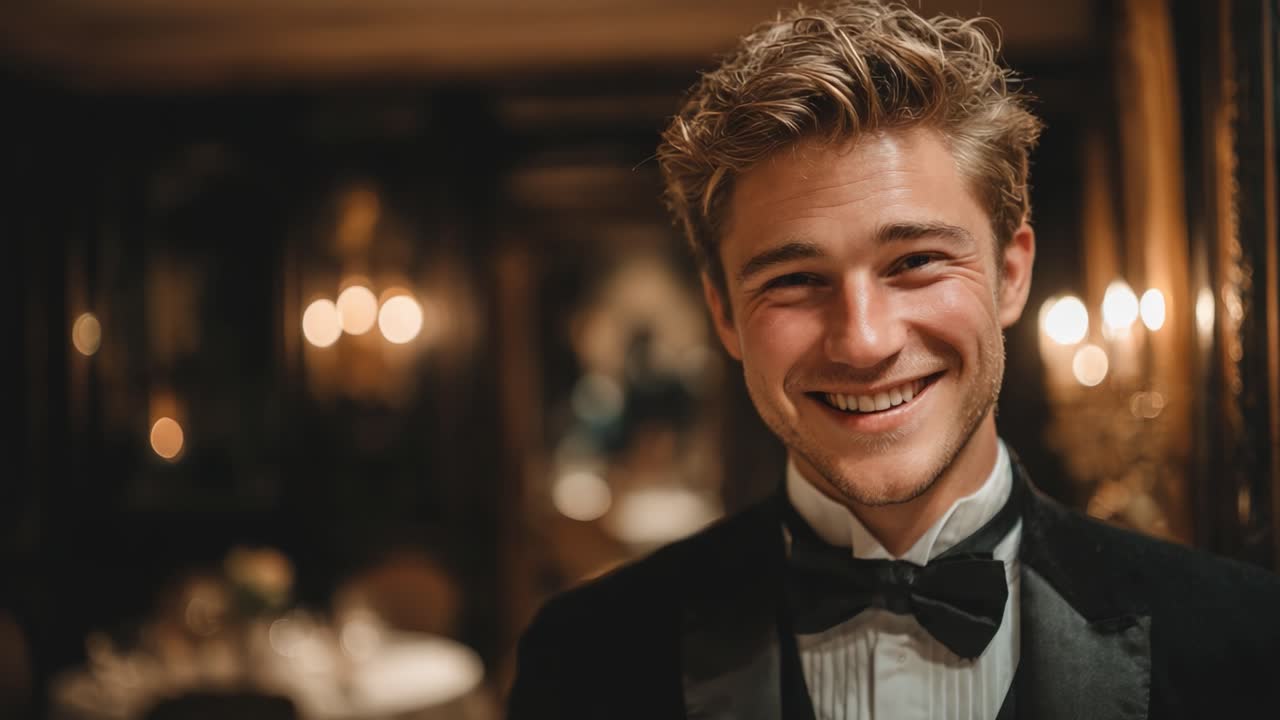 Un giovane elegante in smoking sorride cordialmente a una festa raffinata, emanando fascino e raffinatezza in una sala da pranzo splendidamente illuminata