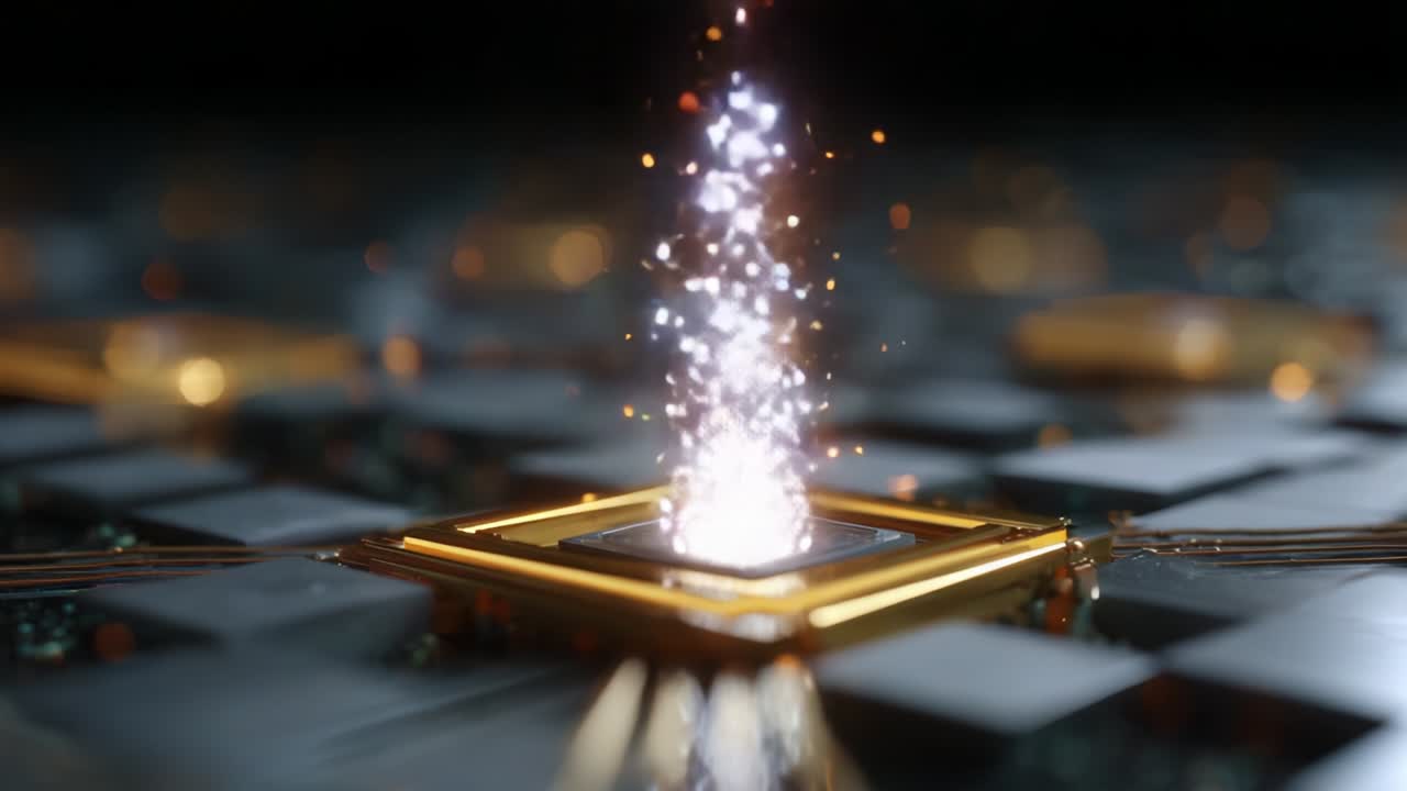 A mesmerizing journey through the world of quantum computing, showcasing the intricate design of a quantum chip with striking visual effects of energy and information flow emerging from its core