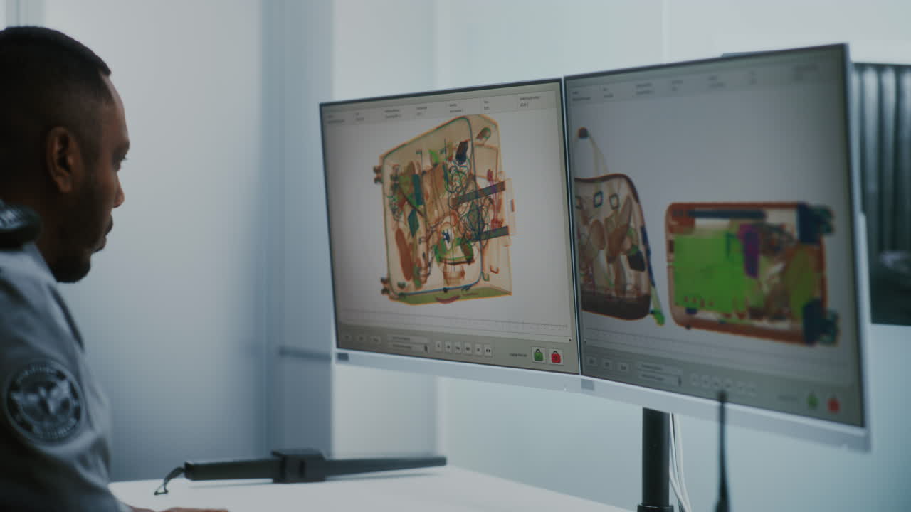 Airport Security Officer Reviewing X-Ray Scan of Luggage
