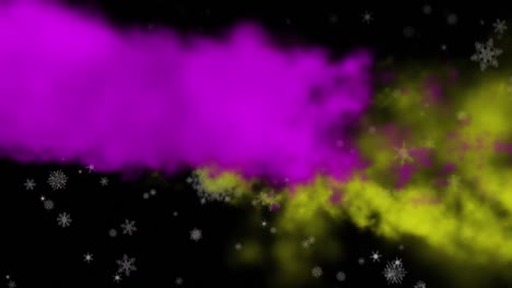 Animation-of-snowflakes-falling-over-purple-and-yellow-smoke-trails-against-black-background