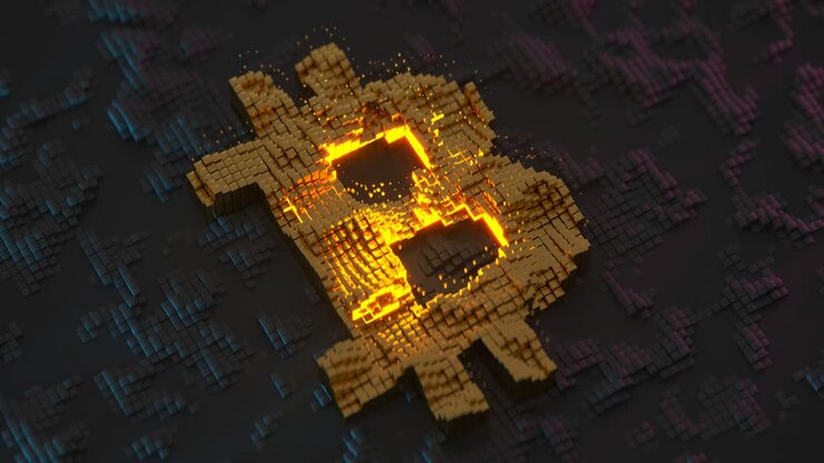 Simbolo Bitcoin pixelato, animazione 3D renderizzata in loop continuo