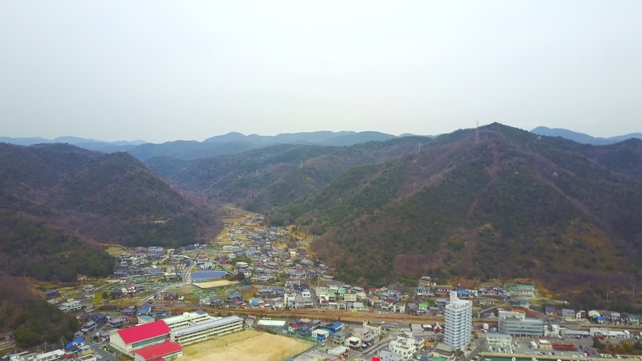 Aerial Shot of Bizen Hinase, Okayama, Japan.Pan From Garden to the city