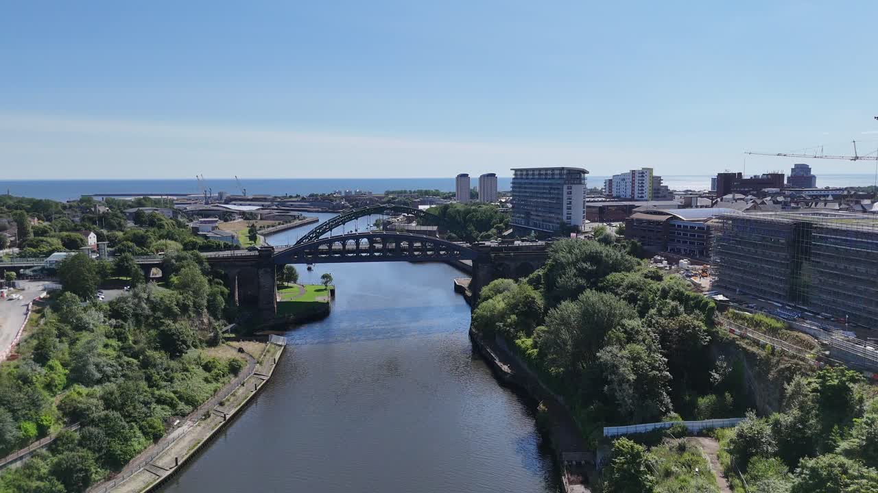 Sunderland City UK North East England Tyne And Wear Monkwearmouth Bridge Stadium Of Light River Wear Seaburn Roker Mackem British Town Drone Aerial View Footage