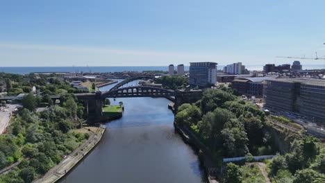 sunderland city uk north east england tyne and wear monkwearmouth bridge stadium of light river wear seaburn roker mackem british town drone aerial view footage
