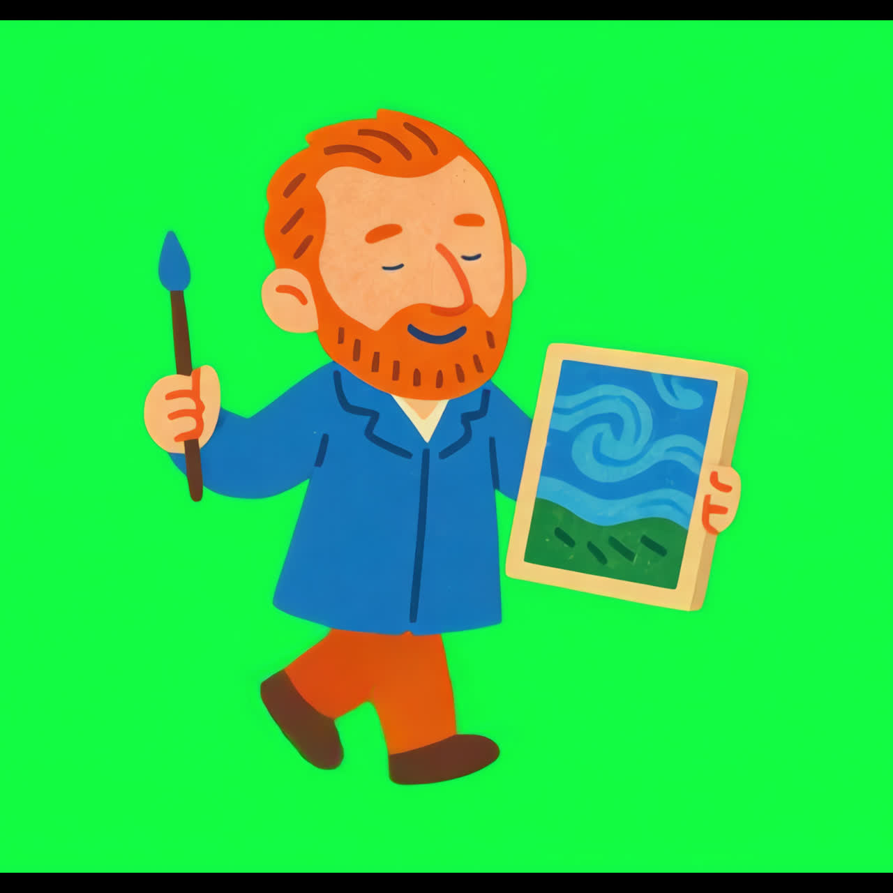 Cartoon illustration of Vincent van Gogh holding The Starry Night painting
