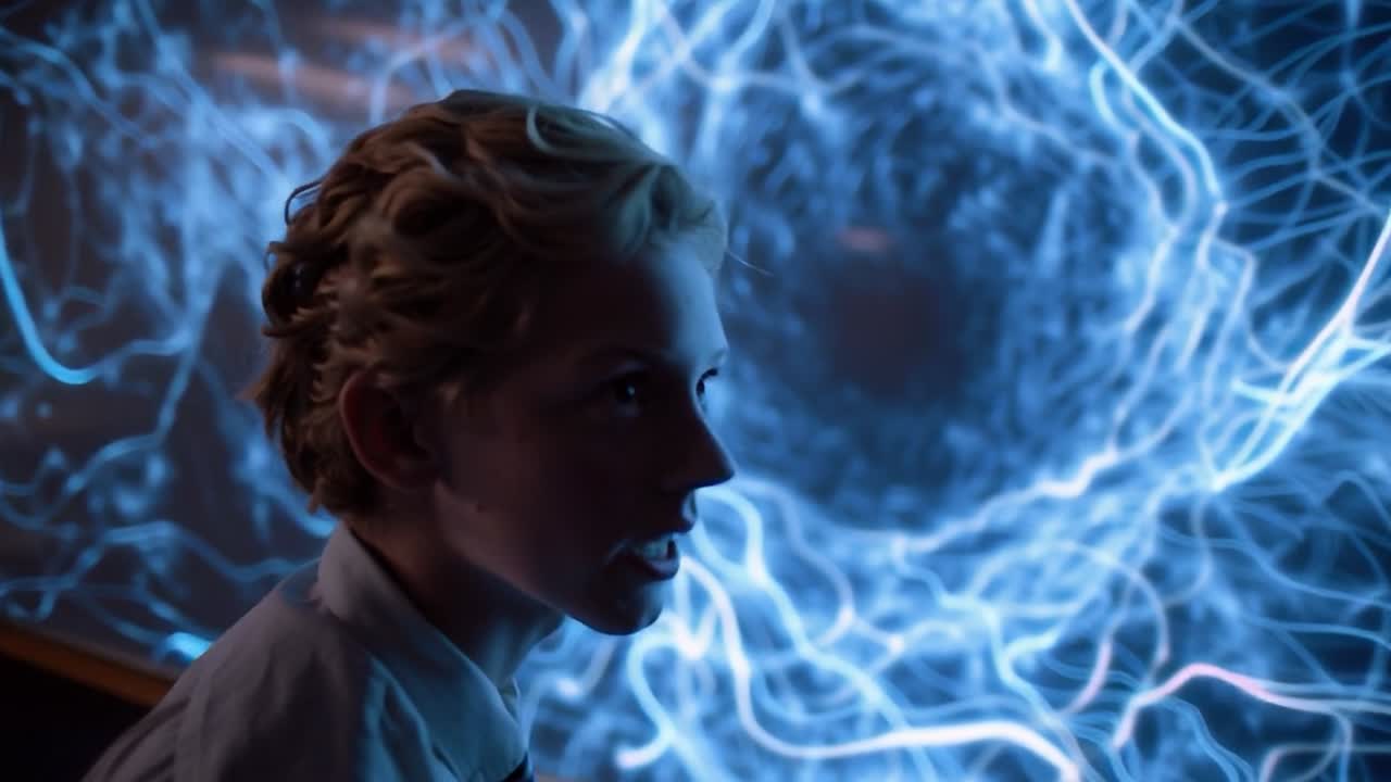Young student observes a mesmerizing light display in a classroom setting