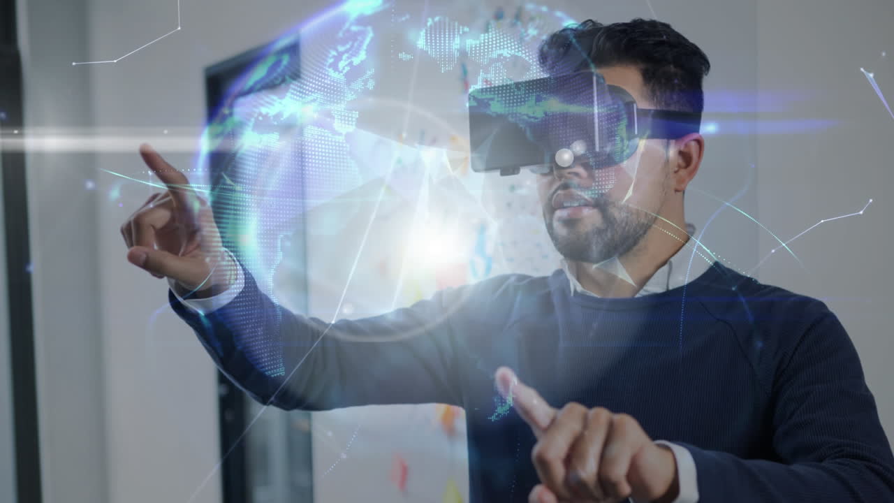 Digital composite video of man using virtual reality headset 4k