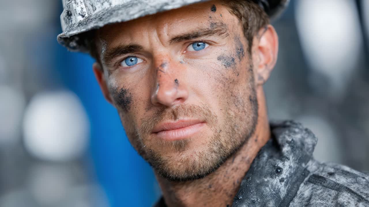 Intense Portrait of a Hardworking Man in Protective Gear, Showcasing His Determination and Resilience Amidst a Dusty Work Environment
