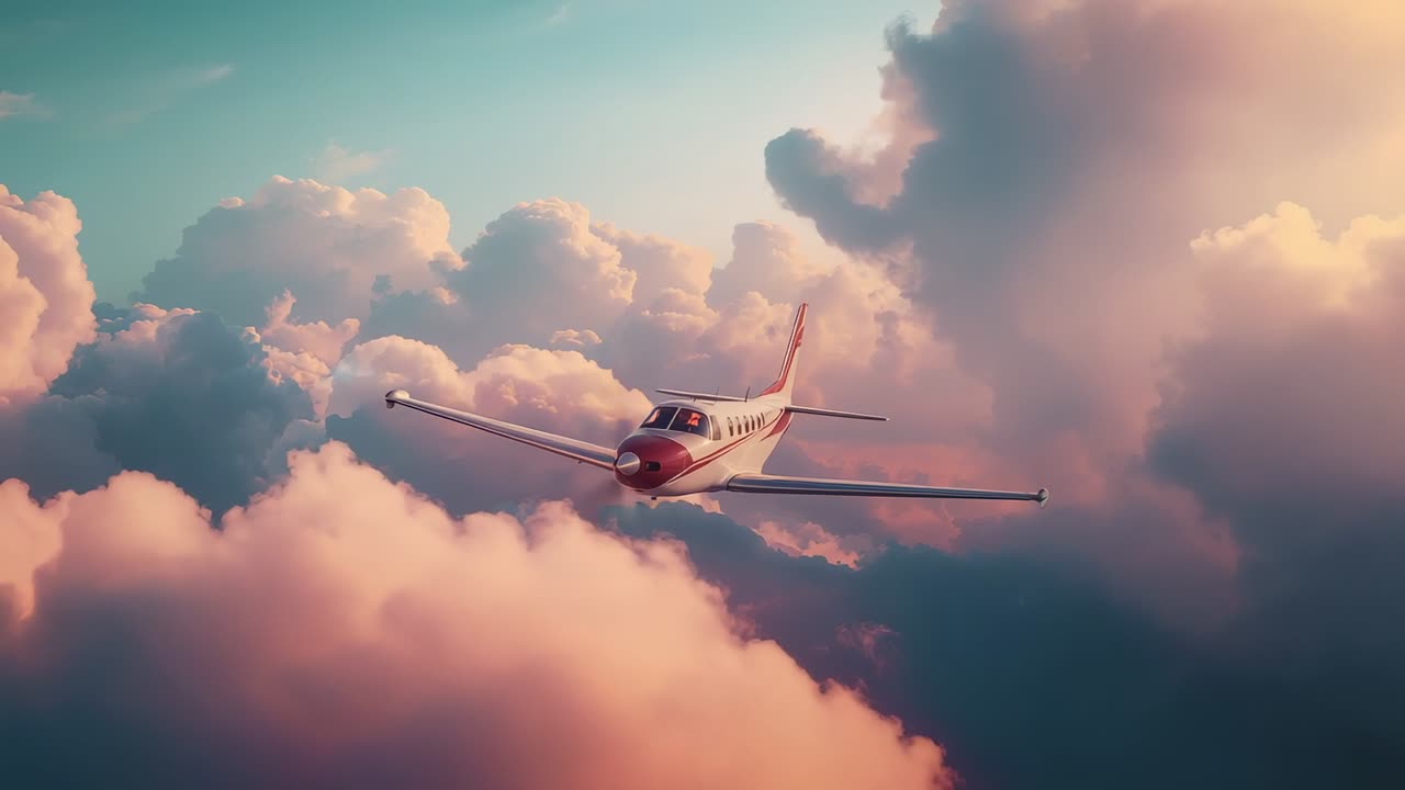 Entering view private jet slicing through pastel sky at sunrise with red-and-white nose reflection