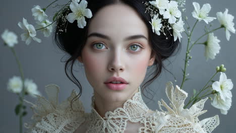 elegant woman with white flowers and lace