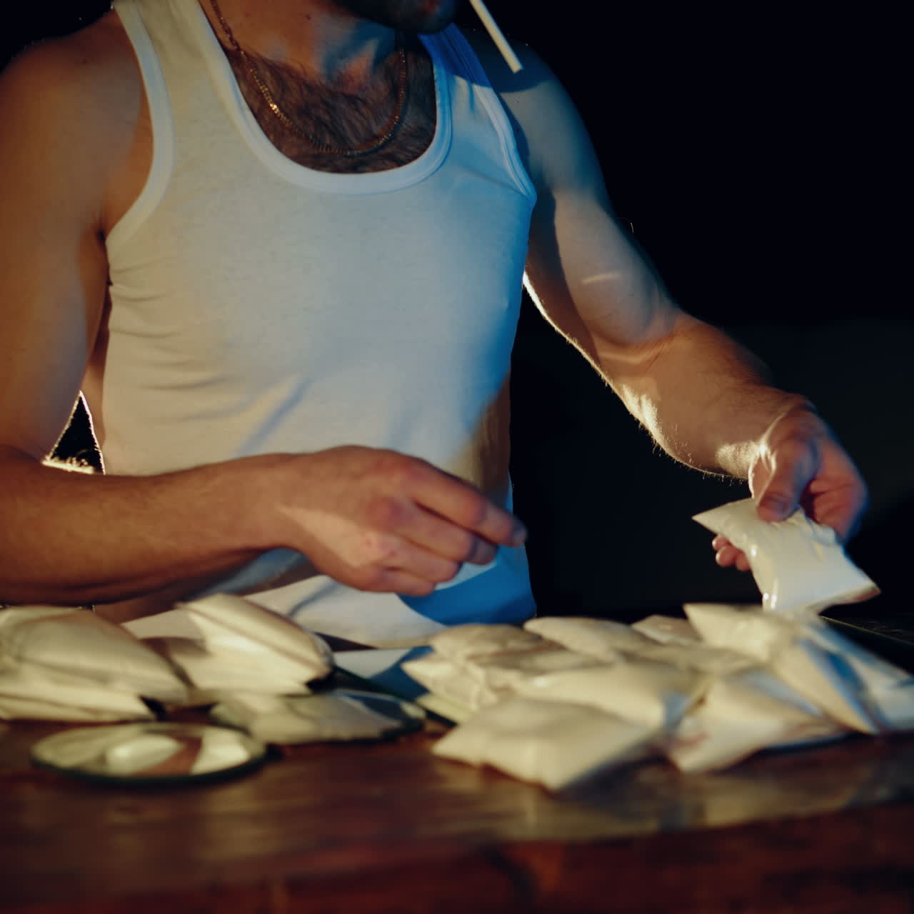 Drug addict or drug dealer with packages of heroin or cocaine. Criminal business Square video