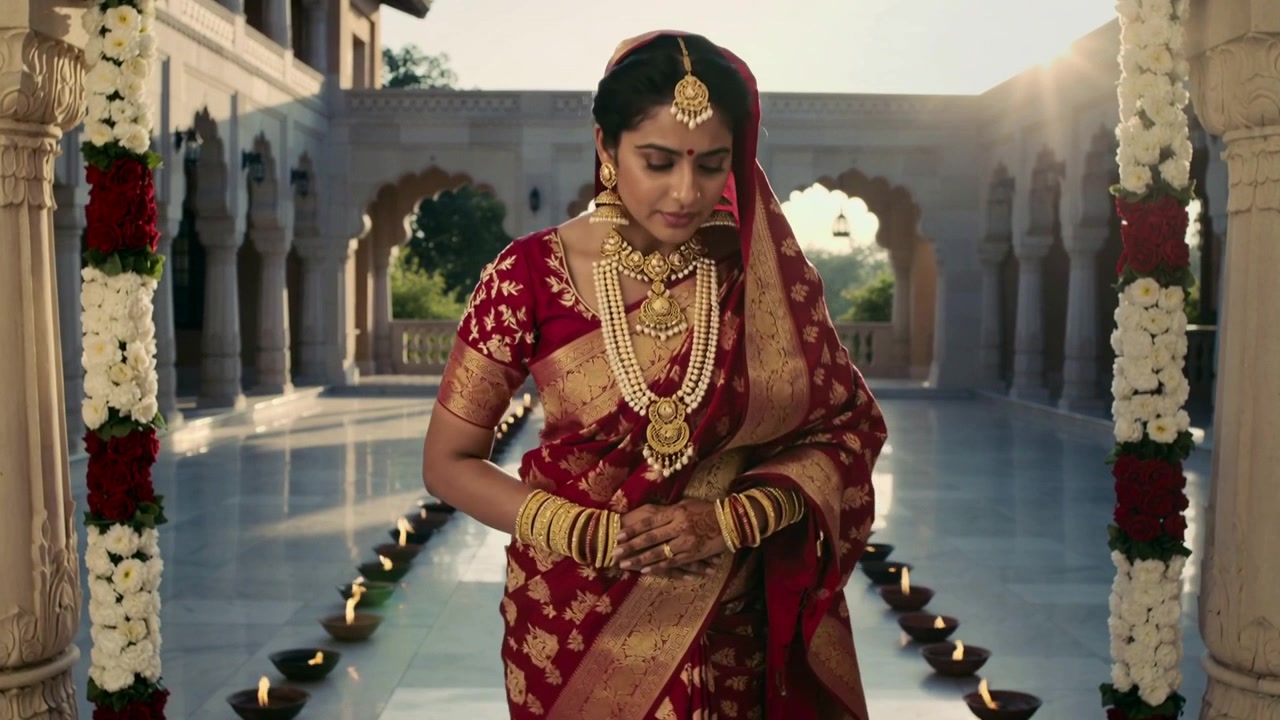 Mariée indienne en sari rouge et or marchant, répondant au début du rituel le long d'un couloir en marbre orné de diyas.