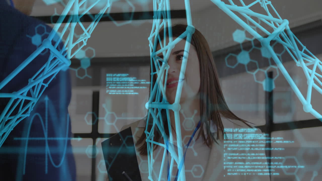 DNA strand and binary coding animation over woman in office setting
