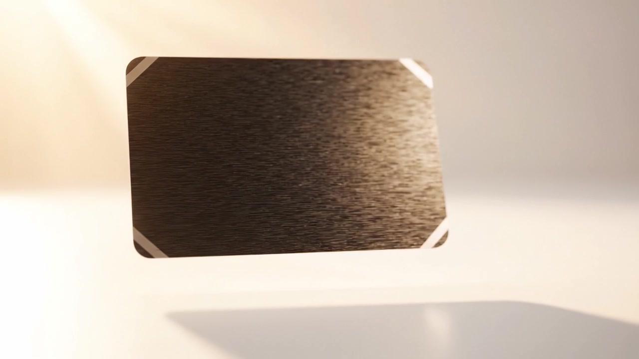 Et slankt og elegant sort kort svæver yndefuldt i et blødt, glødende miljø, der viser dets raffinerede design og glatte tekstur under et varmt lysskær.