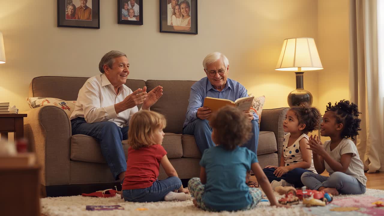 Opening picture book, two senior men reading, clapping in living room to entertain kids with toys