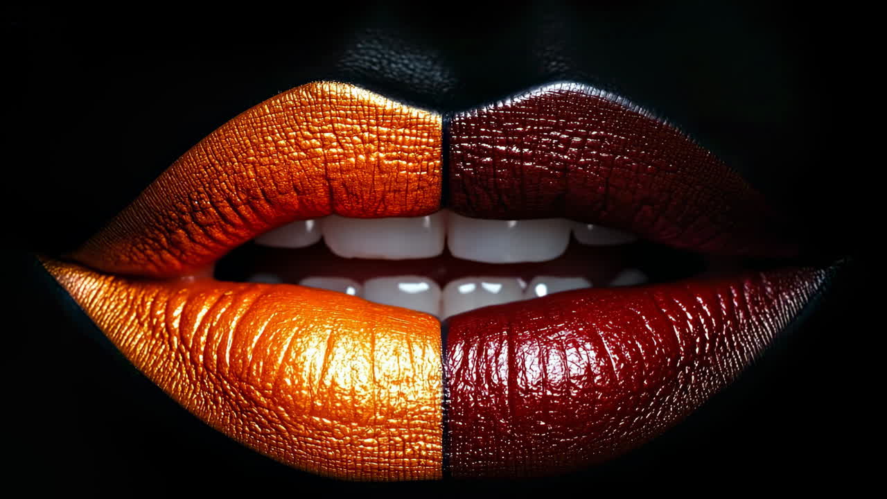 Bold lip colors create striking contrast. Vibrant orange and deep red lips highlight stunning makeup artistry against a dark backdrop, showcasing textures