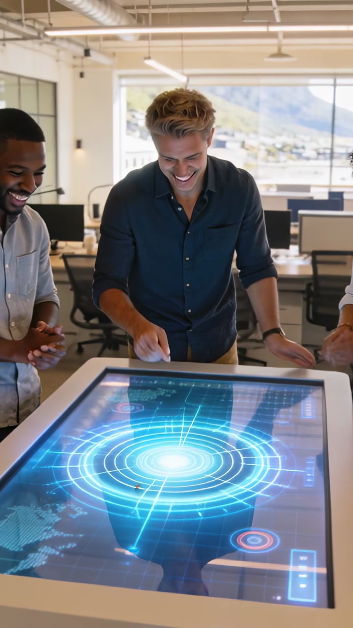 Vertical video: 3-person team in shirts placing fingers testing blue UI on table ending with tap