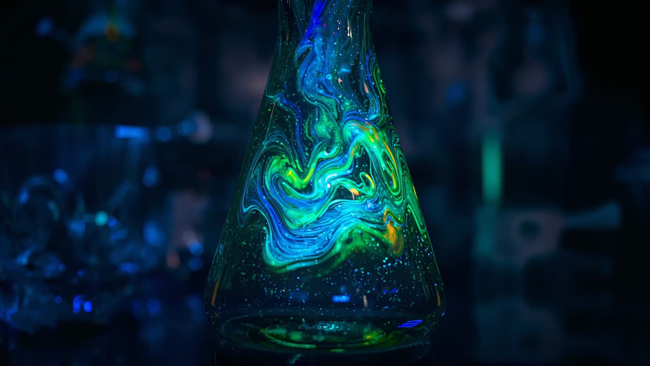 Frames advancing showing green-blue particles shifting, rising in Erlenmeyer flask on lab bench