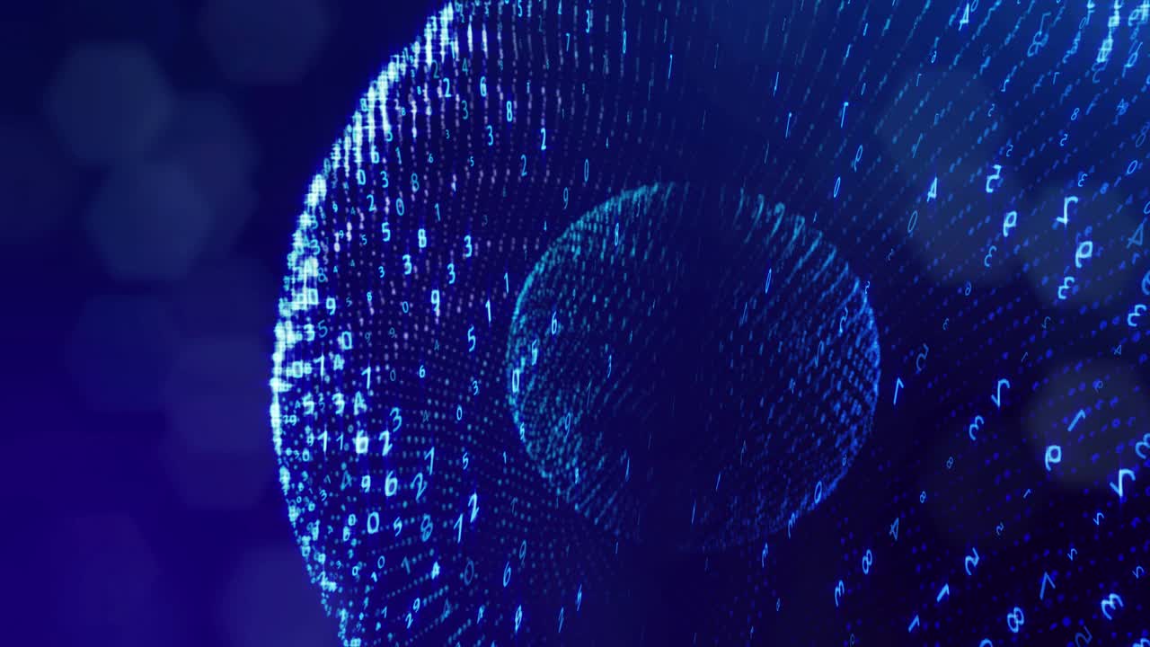 fondo de bucle 3d, concepto de procesamiento de datos digitales, cálculo y visualización de la computación. contadores de números en filas de líneas en esferas. información digital azul bg con números. bg de ciencia ficción.