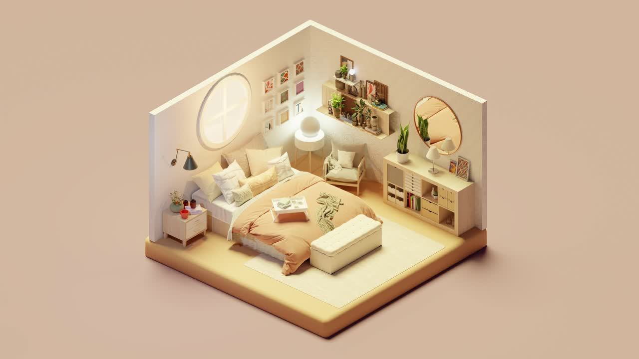 Isomeric view of bedroom in cartoon style with furniture. 3d isometric loop