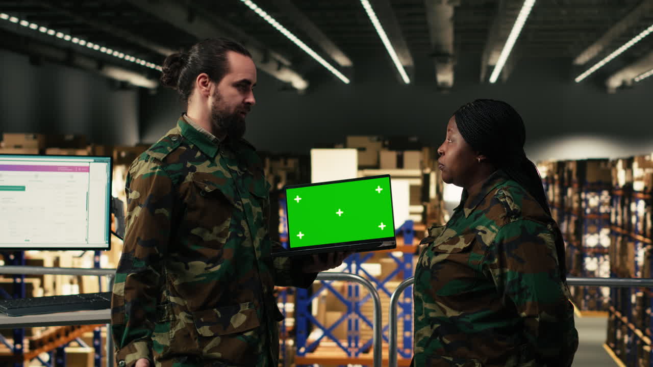 Military Personnel Discussing Logistics with Green Screen Laptop in Warehouse