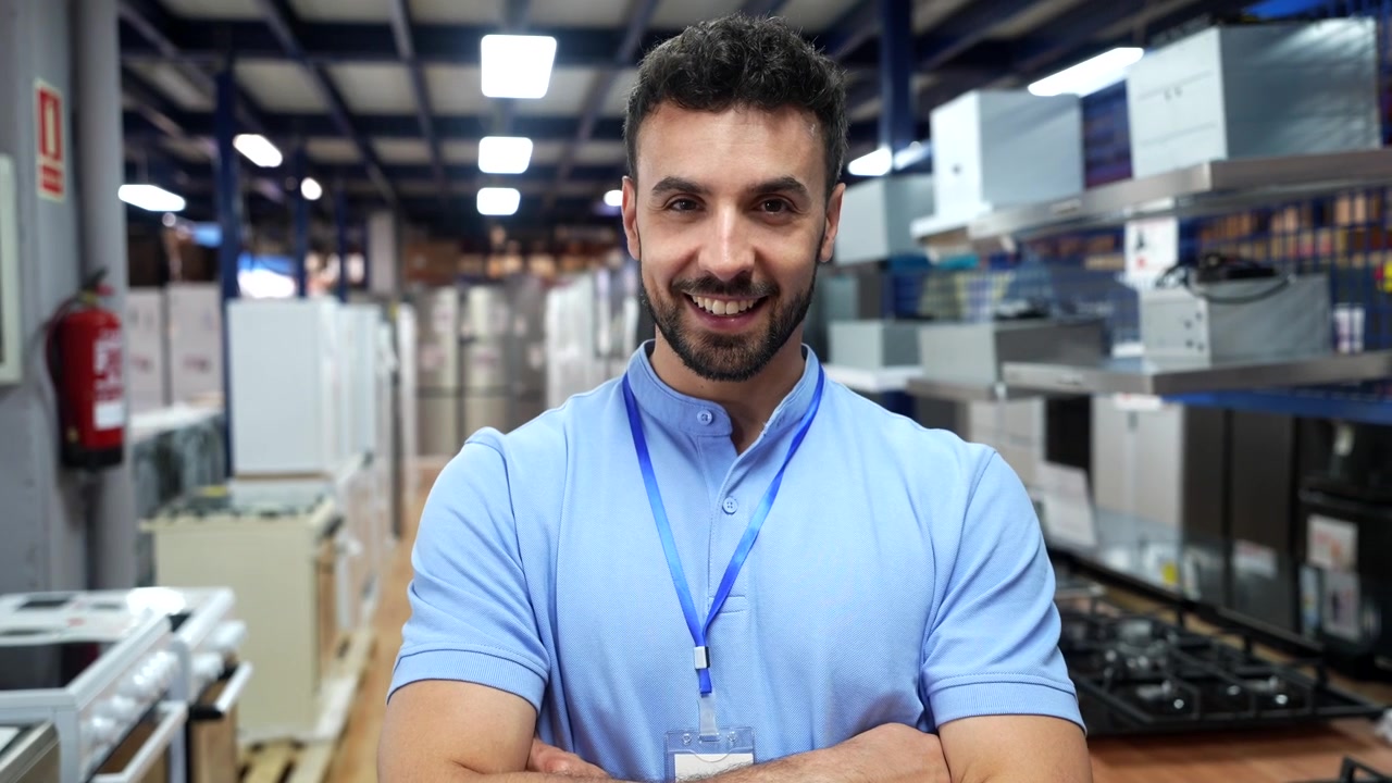 Venditore sorridente a braccia incrociate in un negozio di elettrodomestici