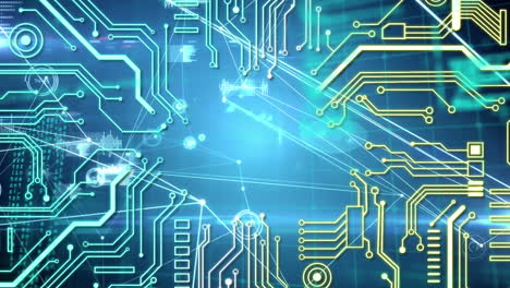 animación de una placa de circuito de computadora sobre una red de conexiones sobre un fondo negro