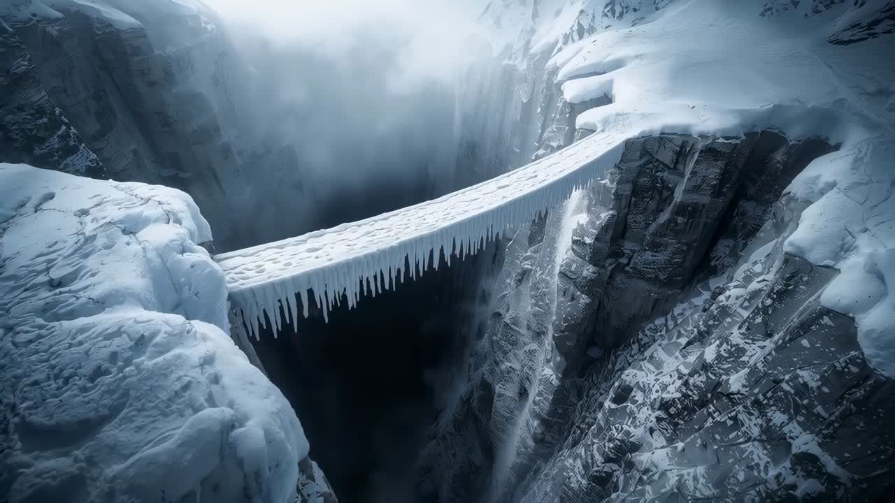 Ripresa panoramica che rivela un ponte innevato presso una gola di montagna, mettendo in mostra stalattiti di ghiaccio, scogliere e nebbia alla deriva