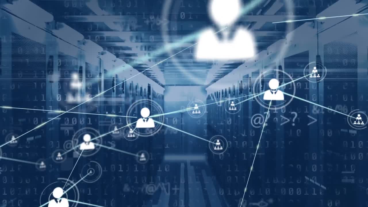 Animation of network of profile icons, changing symbols and binary coding against server room