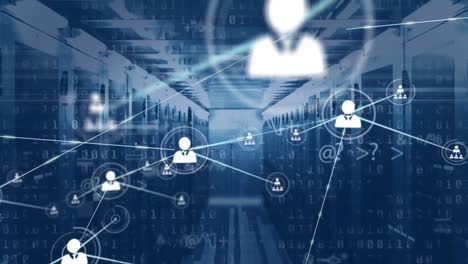 animazione della rete di icone di profilo, cambiamento di simboli e codifica binaria contro la sala server