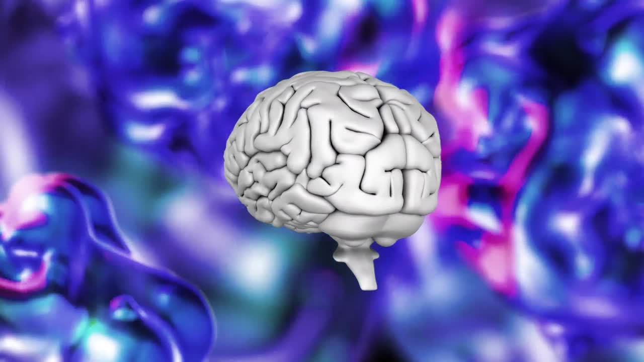 icono del cerebro humano girando contra el fondo de efecto líquido metálico azul
