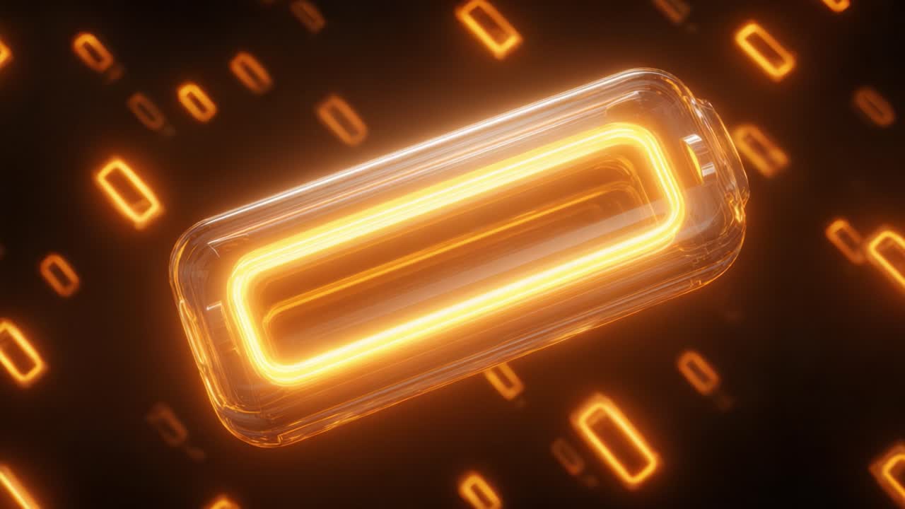 Luminous orange battery cell floating in a digital space filled with glowing binary code, representing a futuristic concept of energy storage, power transfer, and advanced charging technology