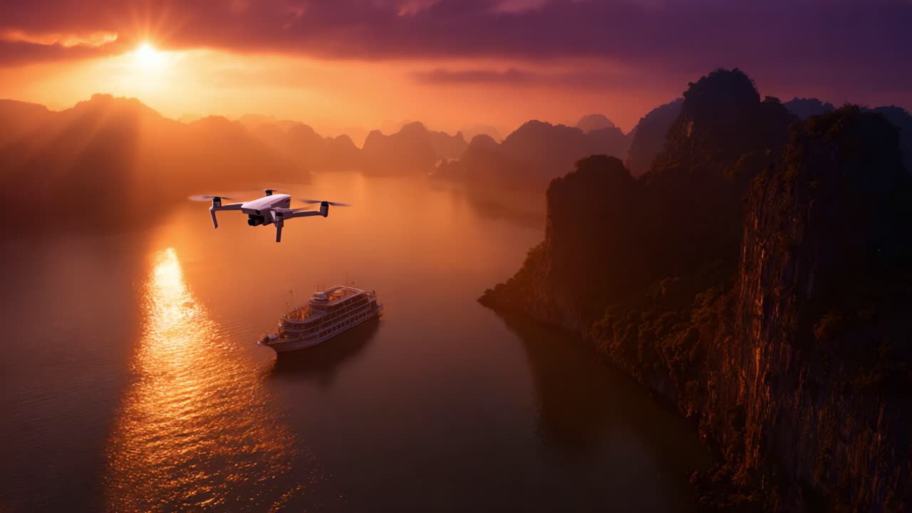 En fantastisk drone fanger den smukke solnedgang over roligt vand og fremhæver majestætiske bjerge og en fredfyldt båd, der sejler gennem det fortryllende landskab.