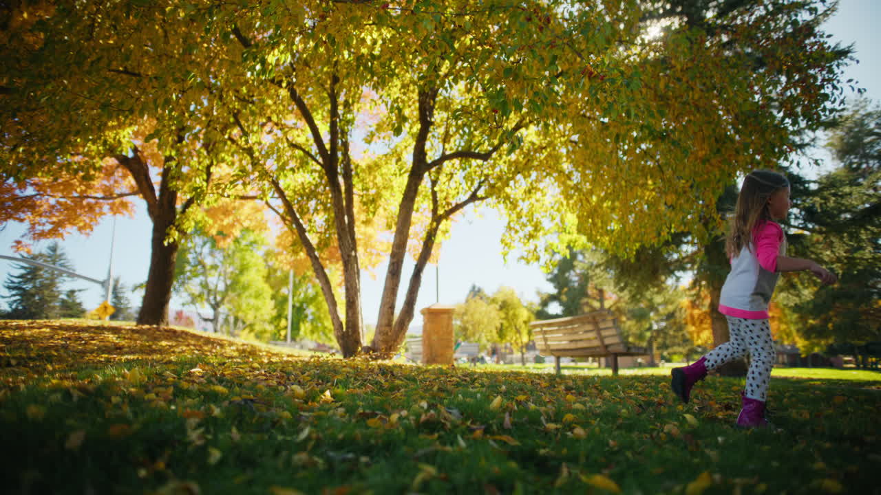 Little Girl Playing in Autumn Park
